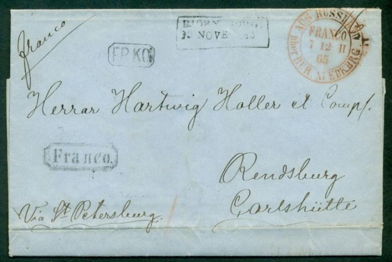 FINLAND 1865, Folded Letter BJORNBORG via St. Petersburg w/AUS RUSSLAND RR pmk