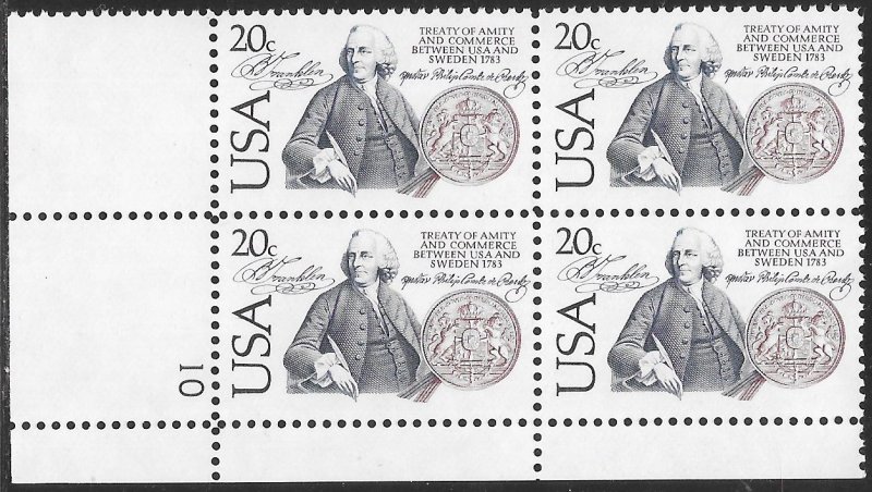 US 2036 MNH Plate Block #10 LL - Bicentenary of ‭Sweden - US Relations