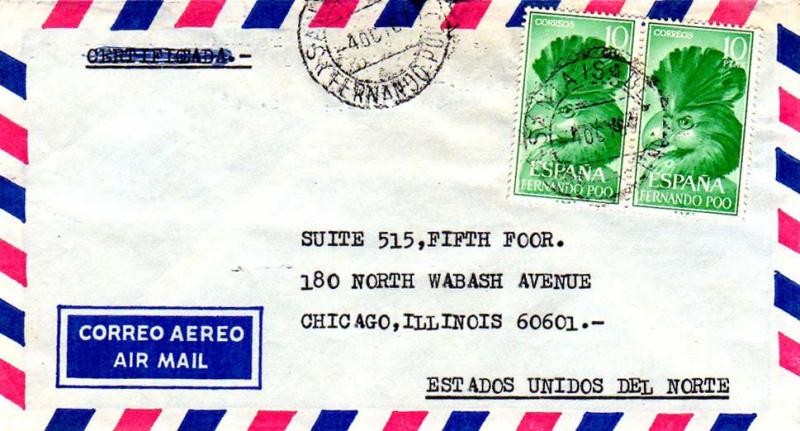 Fernando Poo 10P Great Blue Touraco (2) 1967 Santa Isabel, Fernando Poo Airma...