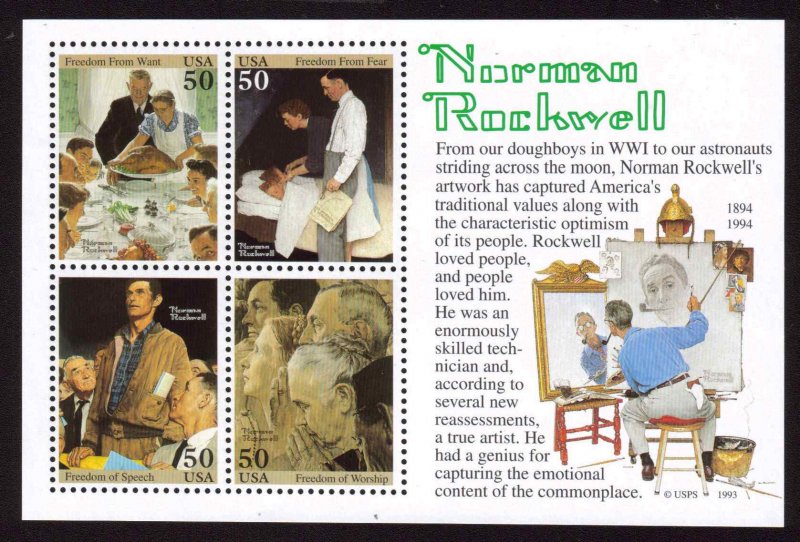 US #2840, Sheet,  Norman Rockwell,  S.S., VF mint never hinged, Fresh Sheets,...