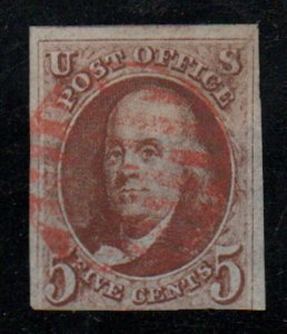 USA #1 VF, red orange grid cancel, repaired tear, neat piece! Retails $350