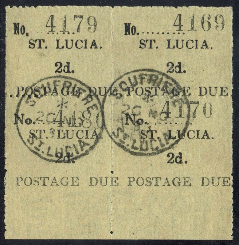 ST LUCIA 1930 POSTAGE DUE 2D BLOCK - BOTTOM 2 STAMPS WIDE NO USED 