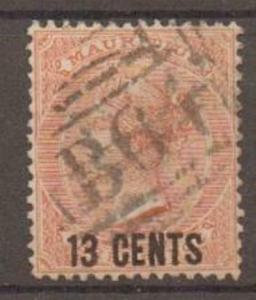 SEYCHELLES SGZ40 1878 MAURITIUS 13c on 3d ORANGE-RED USED WITH B64 CANCEL