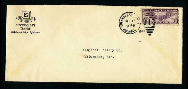 Air Mail Cover Lewinsohn's, Oklahoma City, OK to Milwaukee, WI dated 2-17-1931