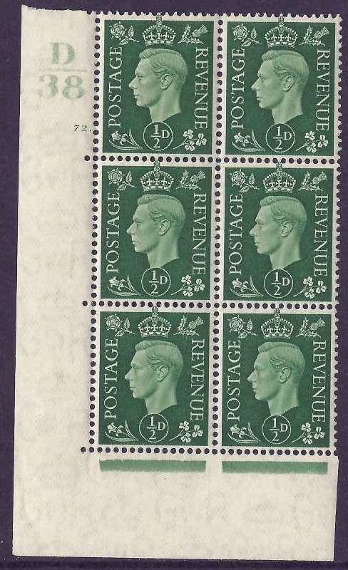 1937 ½d Green Dark colours D38 72 Dot state (i) block 6 UNMOUNTED MINT/MNH