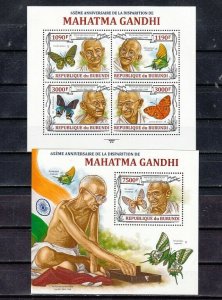 Burundi, 2012 issue. Mahatma Gandhi & Butterflies, IMPERF sheet/6 & s/sheet. ^