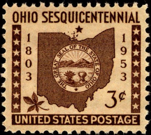 1953 3c Ohio Statehood Map, State Seal & Buckeye Leaf Scott 1018 Mint F/VF NH