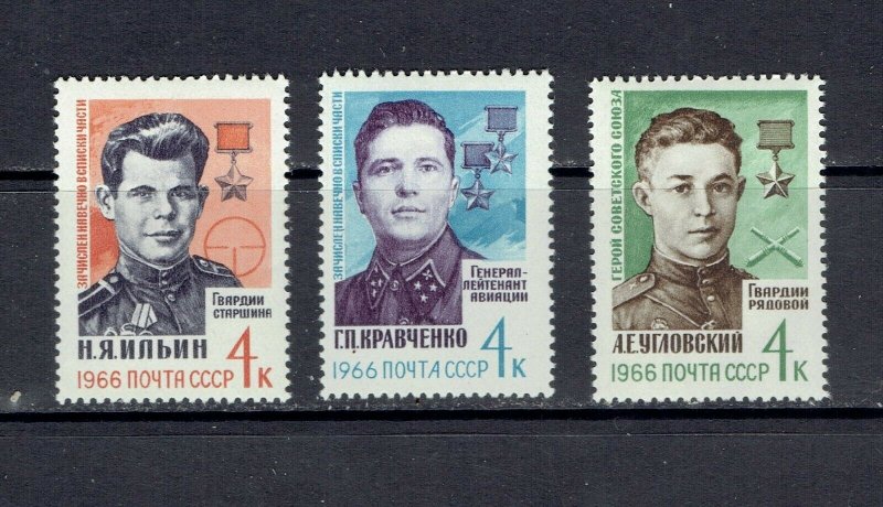 RUSSIA - 1966 SOVIET HEROES OF WW II - SCOTT 3167 TO 3169 - MNH