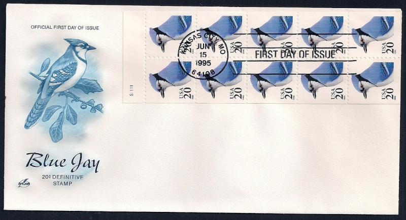 UNITED STATES FDC 20¢ Blue Jay PANE 1995 ArtCraft