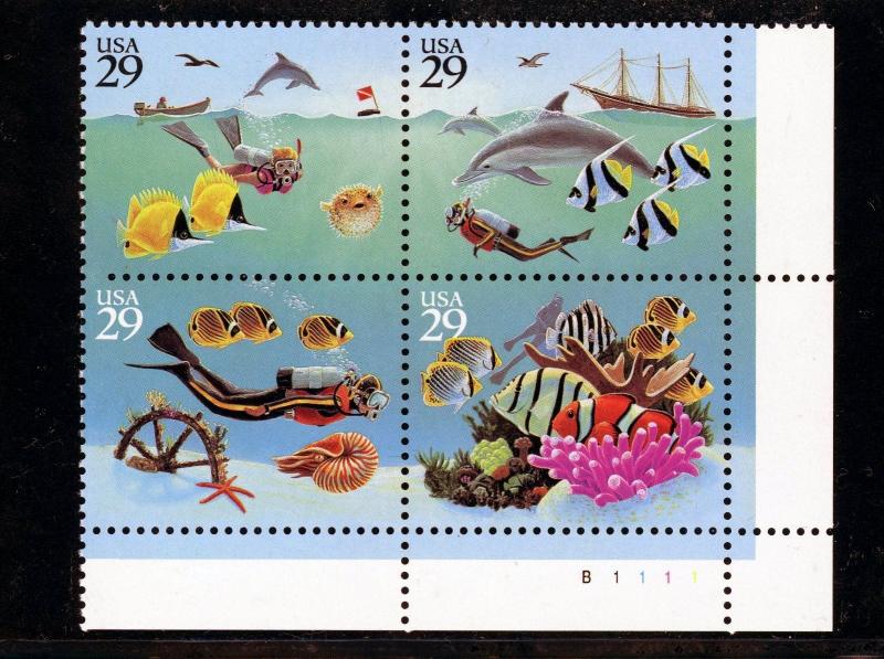 US  2863-66  Wonders Of The Sea 29c - Plate Block of 4 - MNH - 1994 - B1111  LR