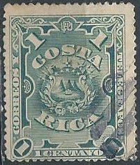 Costa Rica 35 (used) 1c coat of arms, greenish blue (1892)