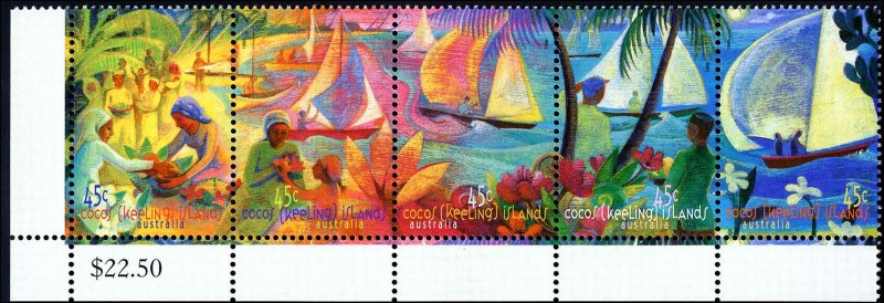 Cocos Islands #330, Complete Set Strip of 5, 1999, Never Hinged
