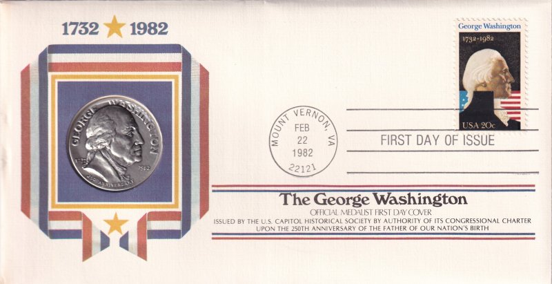 1982, Honoring George Washington W/Metal,  FDC (E14282)