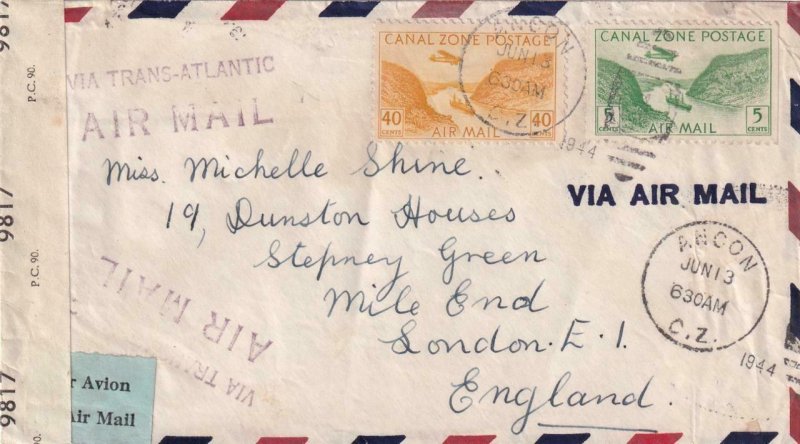 1944, Ancon, Canal Zone to London, England, Airmail, Censored (C2740)