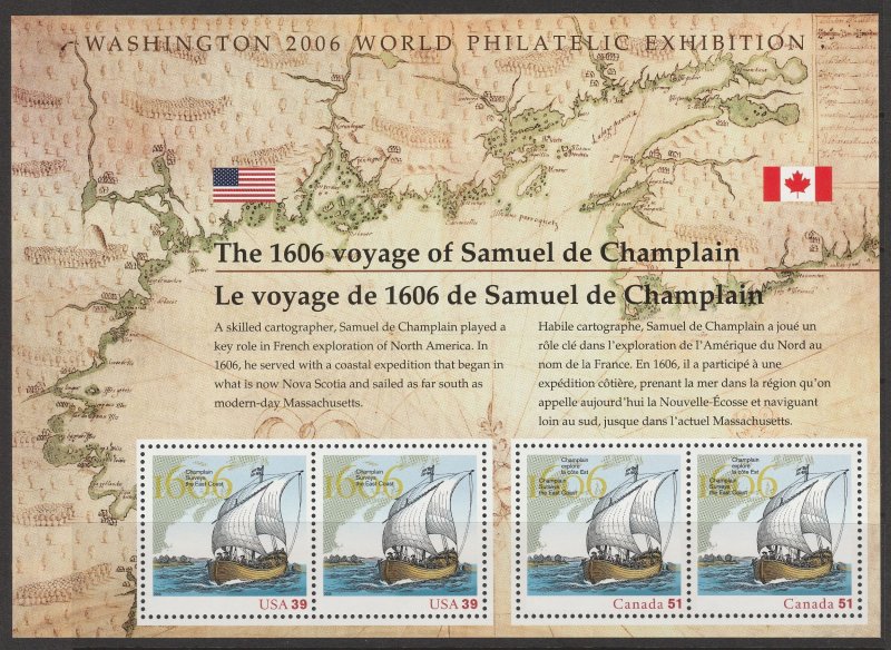 US Canada Joint Issue US 4074 Canada 2156 Souvenir Sheets Champlain Explores MNH