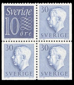 Sweden #514b Cat$32.50, 1961 10o blue, booklet pane of four with three 30o, n...