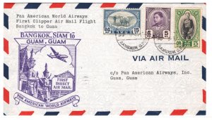 THAILAND SIAM Air Mail Cover FIRST FLIGHT PAN-AM CLIPPER USA GUAM 1947 KA216