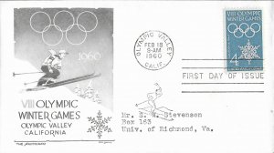 1960 FDC, #1146, 4c Winter Olympics, Aristocrats-Lowry