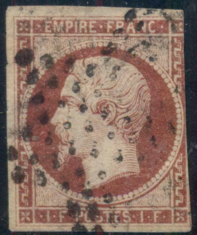 FRANCE #21, 1fr lake, used w/dotted star cancel, speck of a thin, Scott $2,475.