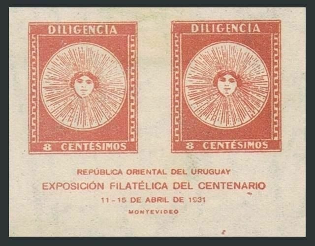 Uruguay 411 pair,hinged.Michel 447. El Sol de Mayo 1931.Sold at PhilEXPO.