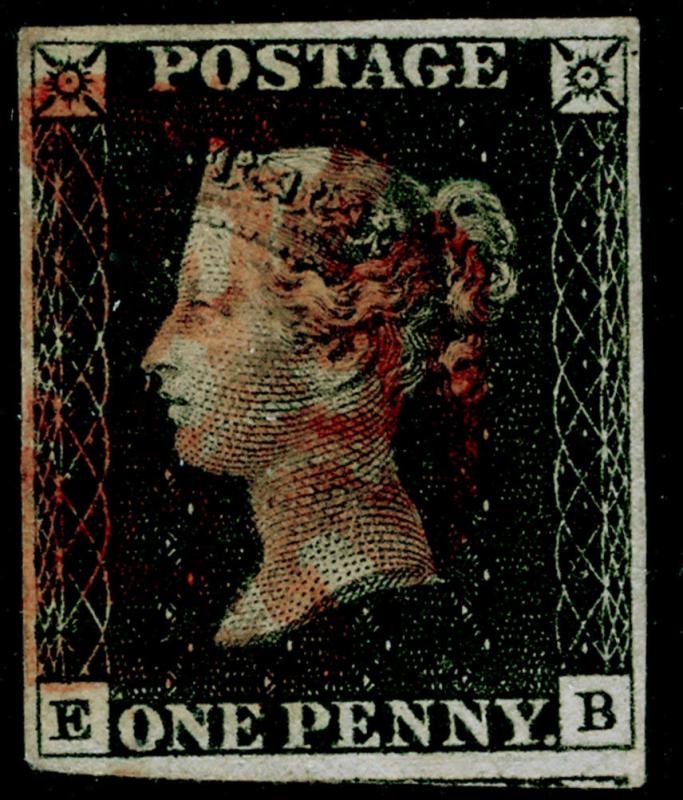 SG2, 1d black PLATE 2, FINE USED. Cat £400. RED MX. 4 MARGINS. EB