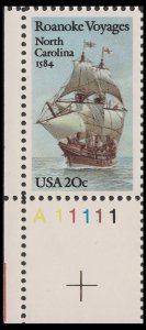 US 2093 Roanoke Voyages North Carolina 1584 20c plate single LL MNH 1984