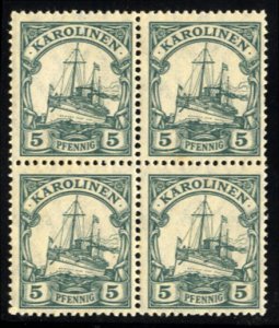 German Colonies, Caroline Islands #22 Cat$42+, 1915 5pf green, block of four,...