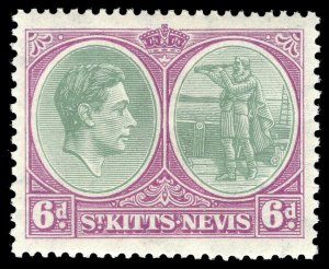 St Kitts-Nevis 1938 KGVI 6d green & bright purple (O) P13x12 MLH. SG 74. Sc 85a.