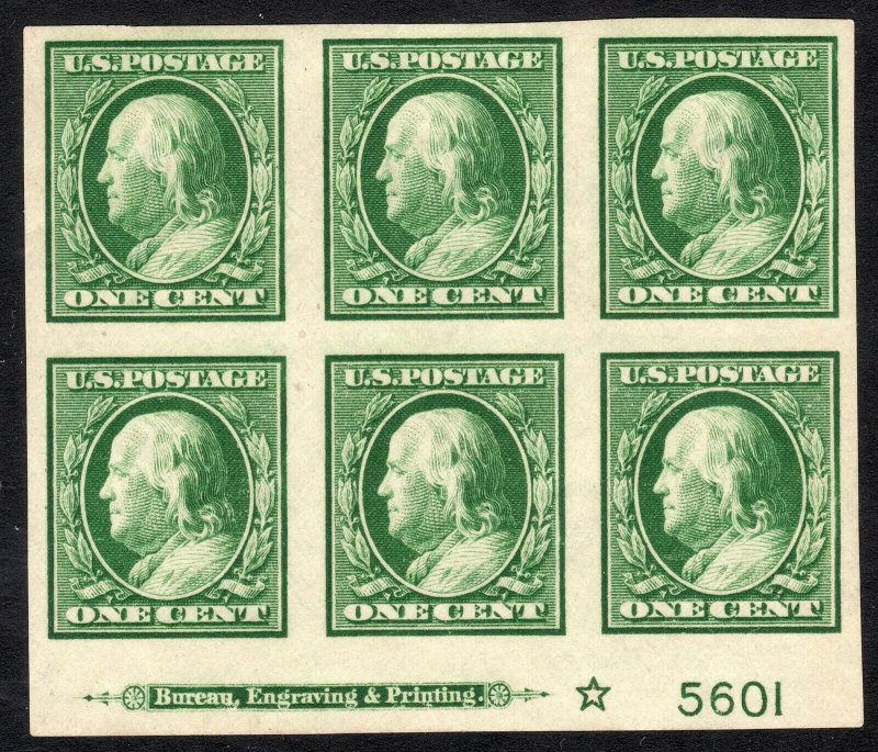 1910 U.S 1¢  Franklin green Imprint & Star plate number block #5601 Sc# 383