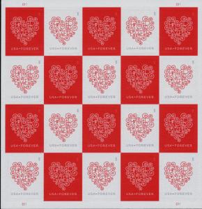 2015 49c Lacy Forever Hearts, Sheet of 20 Scott 4955-56 Mint F/VF NH