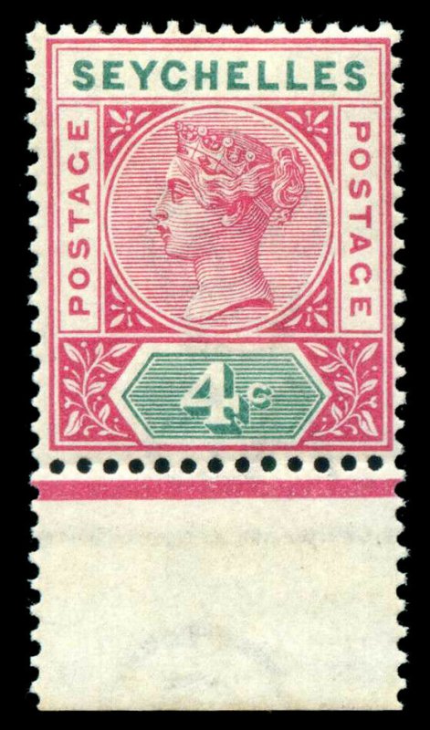 Seychelles 1890 QV 4c carmine & green superb MNH. SG 2. Sc 4a.