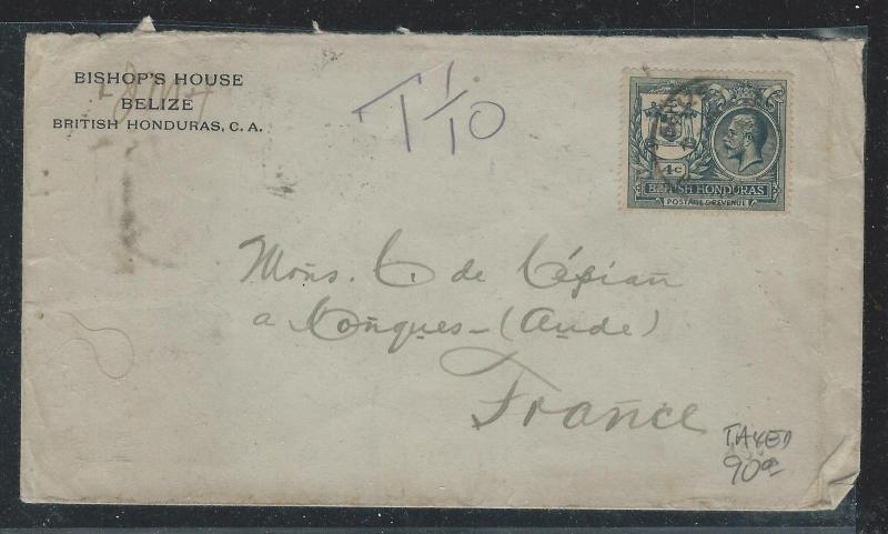 BRITISH HONDURAS (P1106B) 1924  KGV 4C COVER TAXED 1/10 TO FRANCE