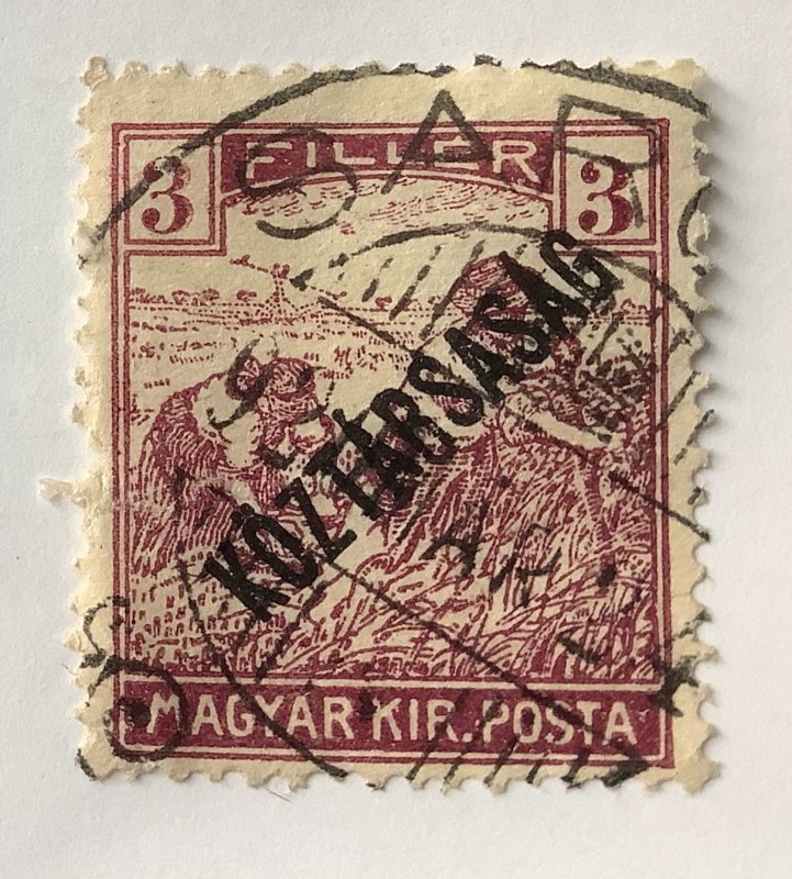 Hungary 1918 Scott 154 used - 3f, Harvesting Wheat, reaper