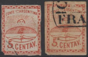 ARGENTINA 1860 CONFEDERATION Sc 4 TWO SINGLES SHADES FORGED CANCELS  