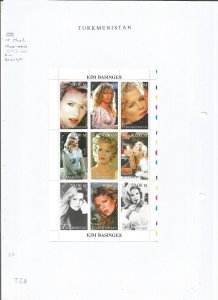 TURKMENISTAN - 1999 - Kim Basinger - Perf 9v Sheet - M L H - Private Issue