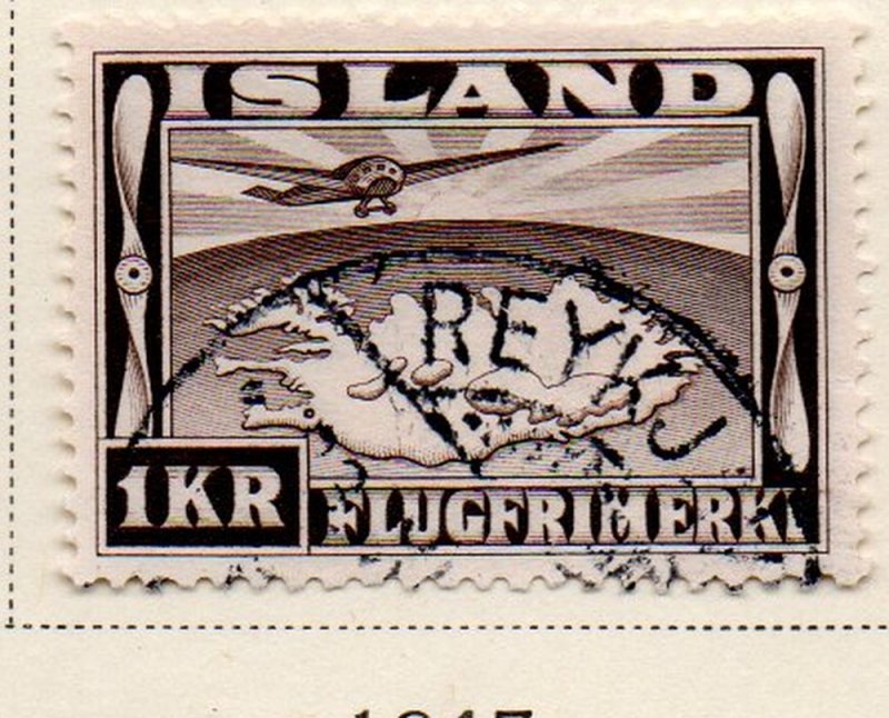 Iceland Sc C19 1934 1 kr Airplane over Map of Iceland stamp used