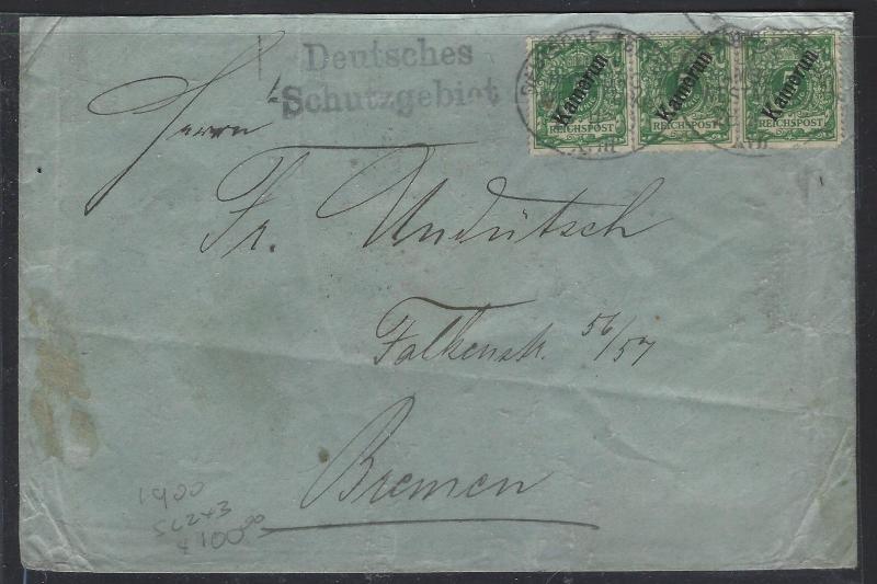 GERMAN CAMEROUN (P1809B)1900 LETTER 5PF STRIP OF 3  DEUTSCHE SCHUTZGEBIET TO GER