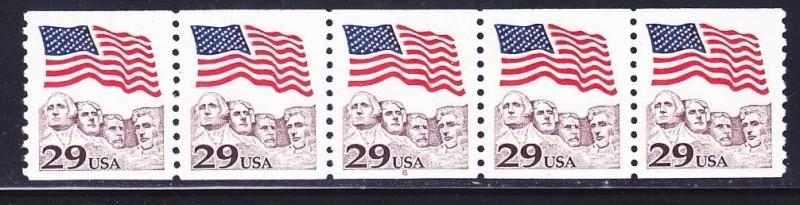 US 2523 MNH 1991 29¢ Flag Over Mt Rushmore PNC5 Plate Coil Strip of 5 Plate #6