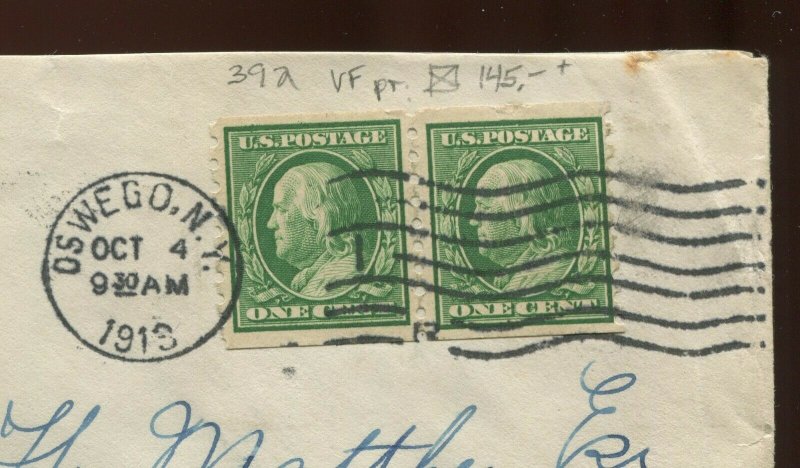 392 Used Coil Pair of Stamps on 1913 Herbert Fox Stamp Dealer Cover (Cv 573)