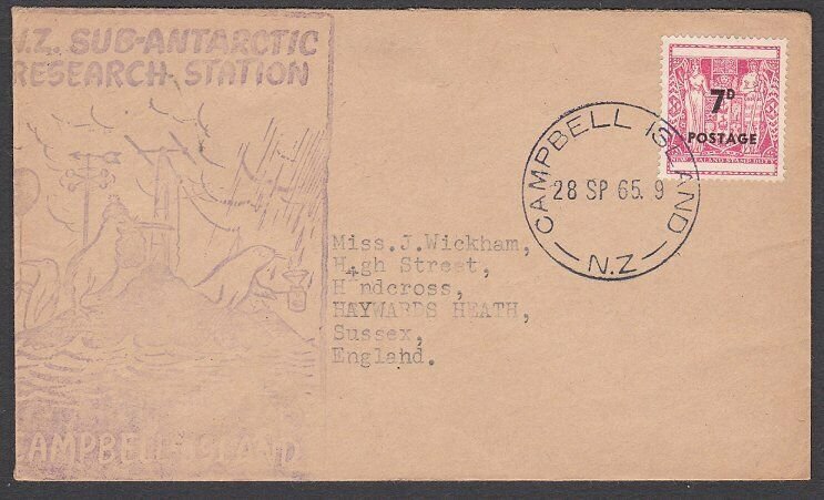 NEW ZEALAND ANTARCTIC CAMPBELL IS 1965 cover with 7d Arms opt...............P791