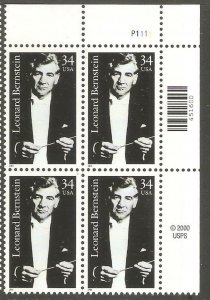 2001 Leonard Bernstein Plate Block of 4 34c Postage Stamps, Sc# 3521, MNH, OG