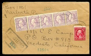 U.S. Scott 494 (5) Coil Strip on Registered Pennsylvania Cover