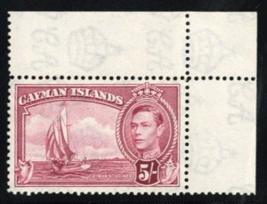 Cayman Islands #110 Cat$24.50, 1938 5sh deep carmine, corner margin single, n...