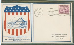 US 727 1933 3c Washington's headquarters (150th anniversary of Peace treaty between US & UK) single on a printed address...