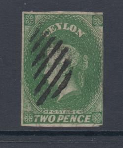 Ceylon Sc 4a used 1857 2p yellow green imperf QV, F-VF