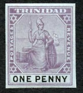 Trinidad SG128 1d imperf colour trial in Purple and Black on blue unwmkd wove