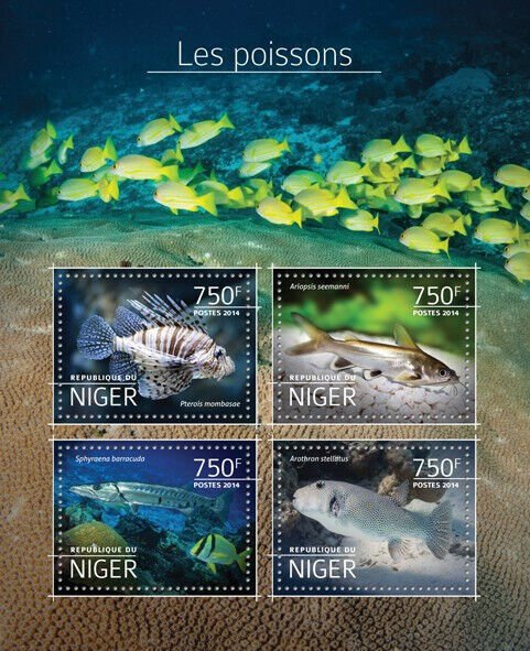 Fish Stamps Niger 2014 MNH Fishes Starry Puffer Great Barracuda 4v M/S