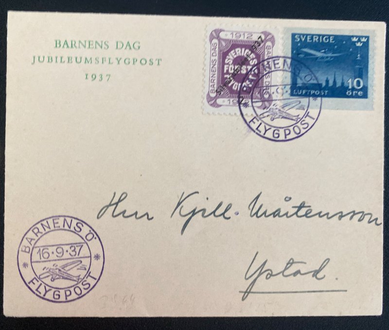 1937 Barnes Sweden First Flight  Airmail Cover FFC To Uptod