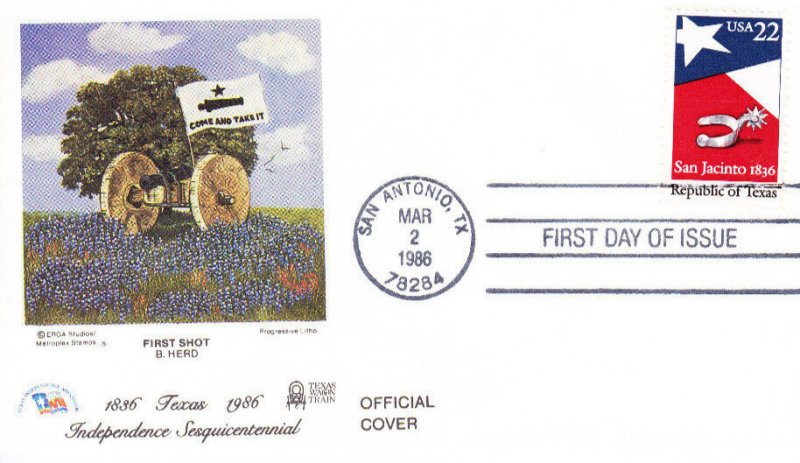 Texas Independence Assn FDC #2204 Texas Republic 150th First Shot B. Herd 1986