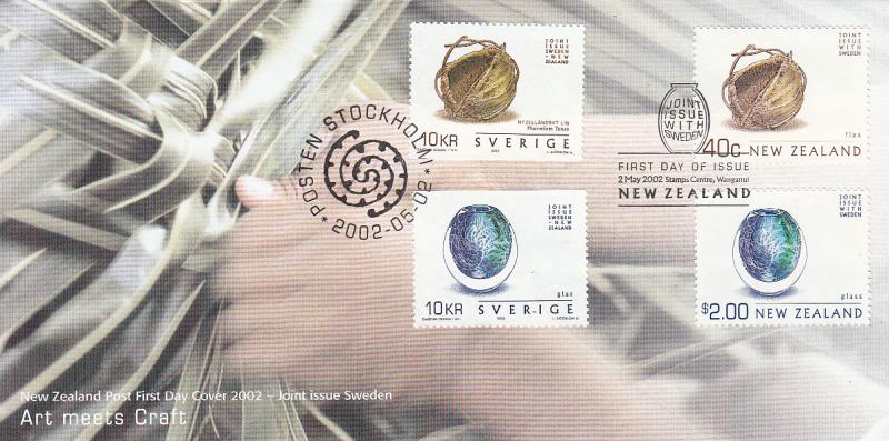 New Zealand 2002 FDC Scott #1780, #1786 Sweden #2440a, b Art from flax, glass...